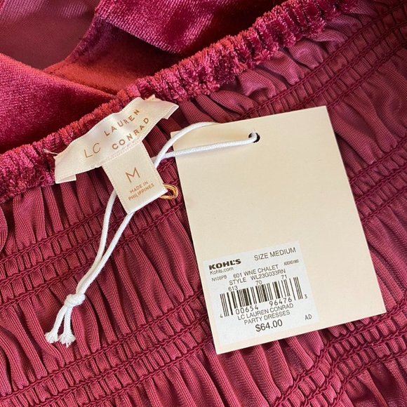 NWT Burgundy Velvet Long Sleeve Peasant Dress. Lauren Conrad. Size M. - Picture 3 of 3